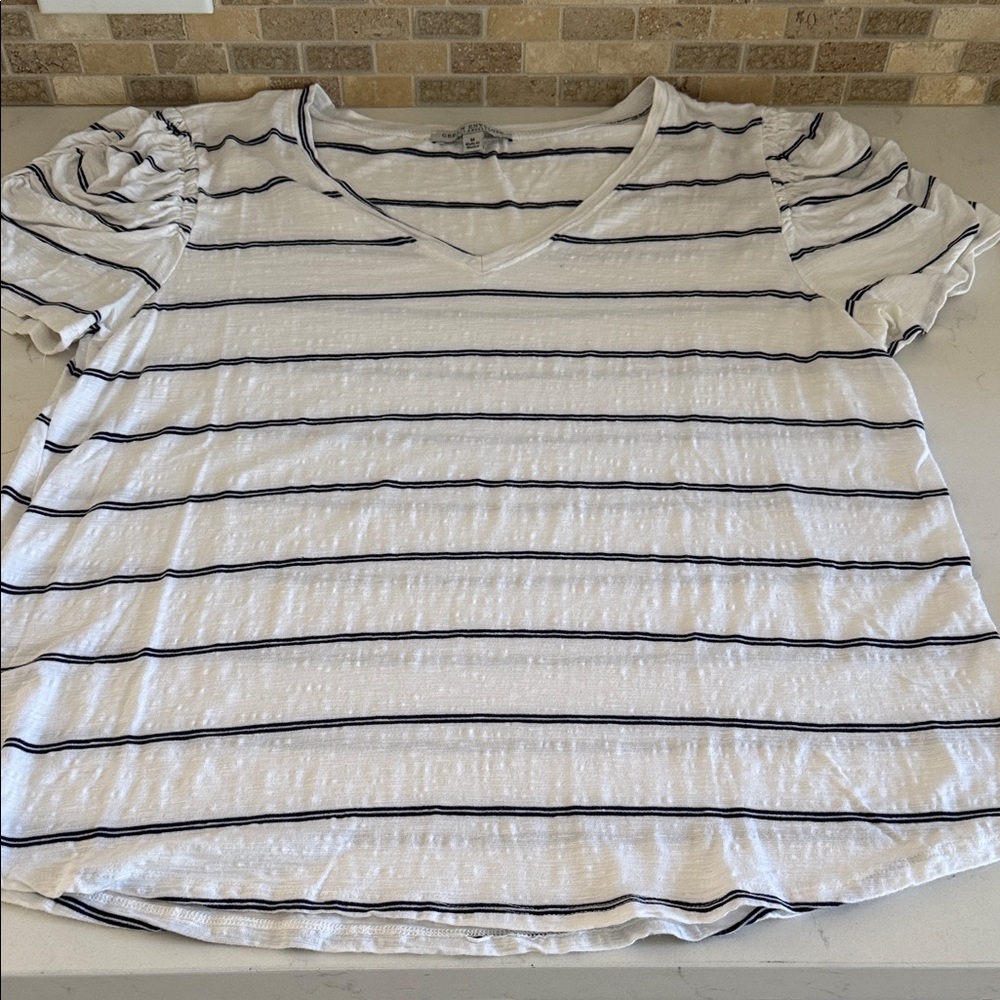 Green Envelope Navy and White Striped V-Neck Tee Size: M NWOT
